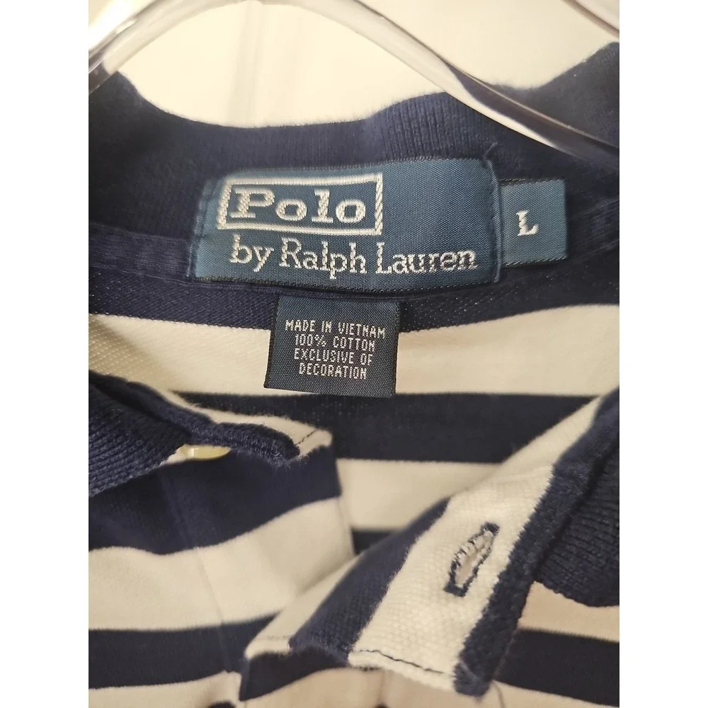 VTG 90s Polo Ralph Lauren Striped‎ Shirt Mens Navy White Crest Embroidered Sz L